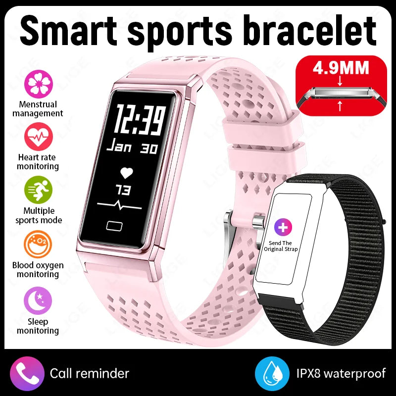Pink smart sports bracelet with rectangular display and health monitoring feature icons