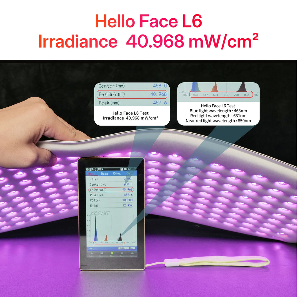 A flexible LED light therapy mask emitting purple light, being tested with a handheld irradiance measurement device.