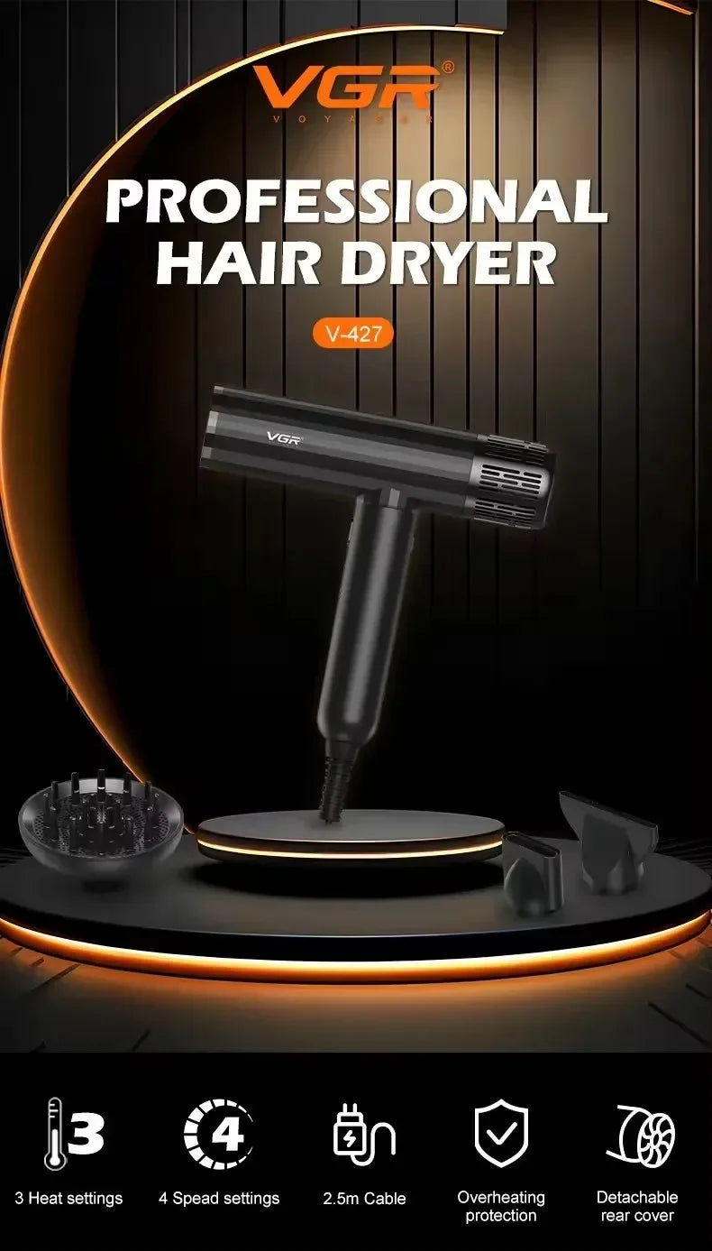 VGR V-427 black professional salon hair dryer with 3 attachments, 110k RPM brushless motor, and heat/speed settings.