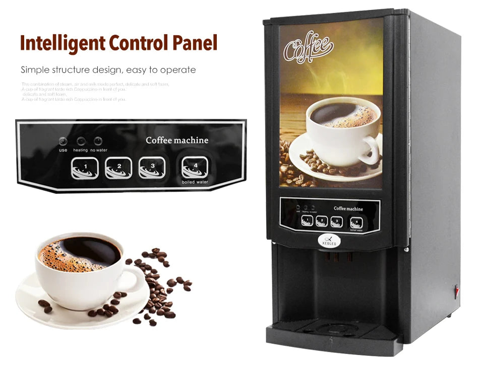 Xeoleo commercial black 4-button instant coffee machine with intelligent control panel and easy-to-use design.