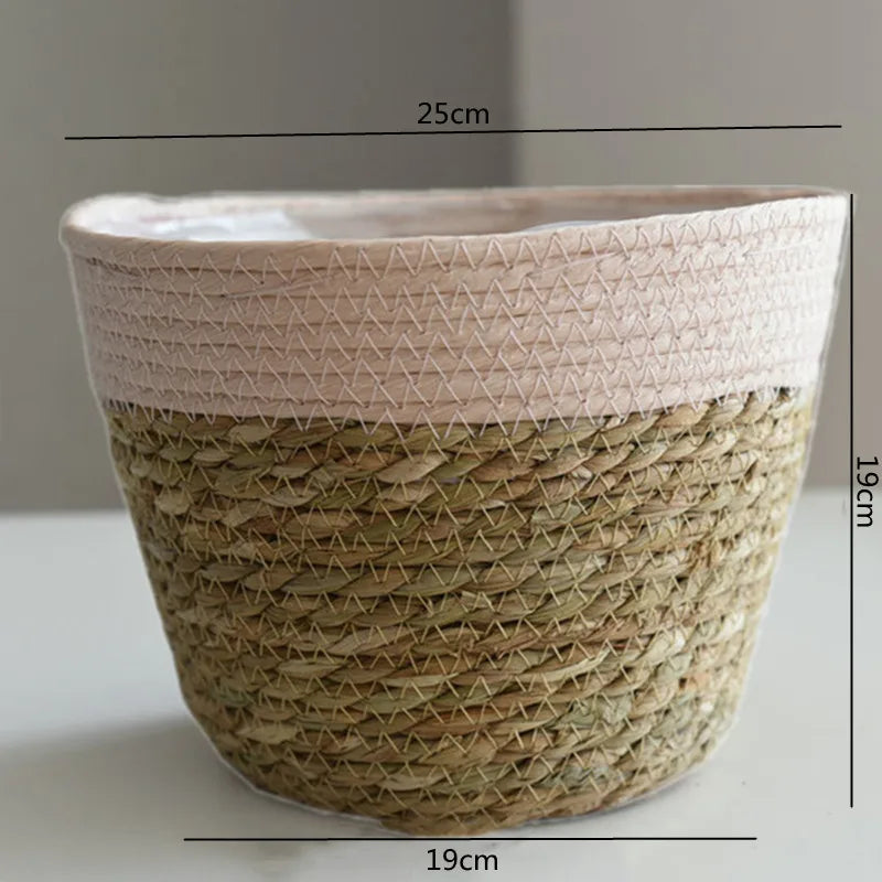 Woven grass planter basket with white top band and tan woven body, 19cm wide.