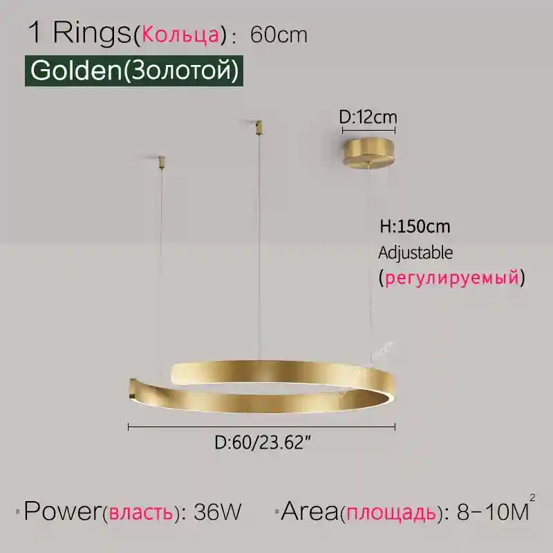 Modern 3-Ring LED Chandelier - Adjustable Dimmable Black Finish Golden 60cm Tidesmit