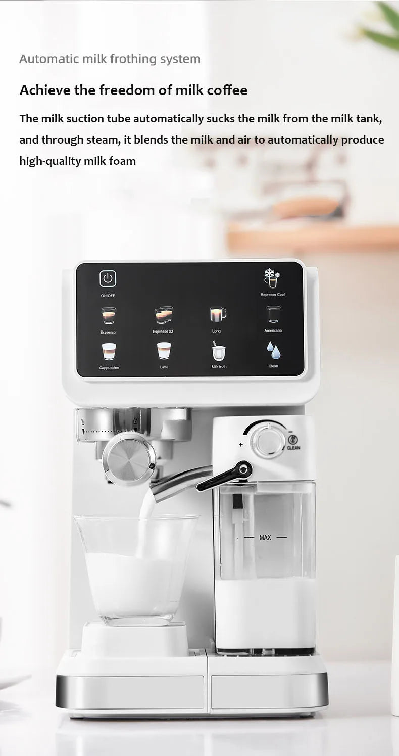 White automatic espresso machine with touchscreen, integrated milk frother tank, and steam wand for lattes.