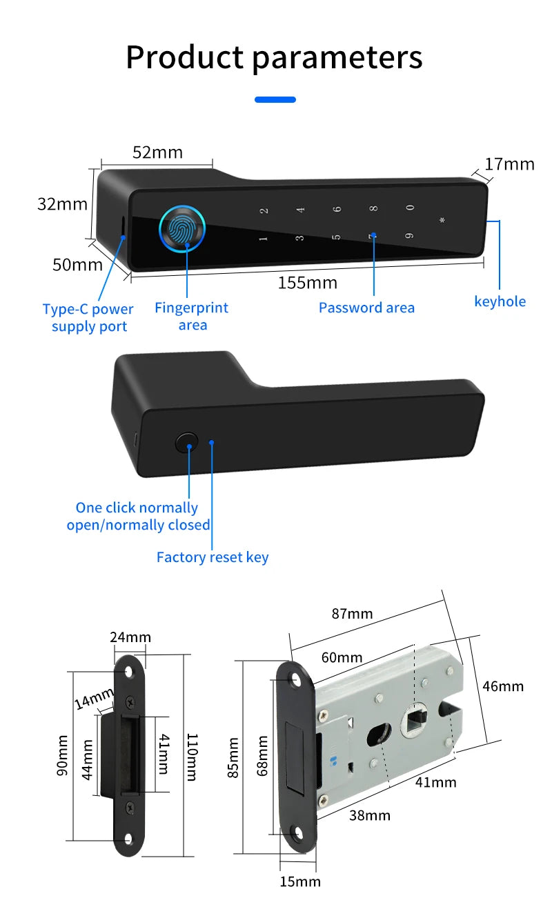European Handle Door Fingerprint Lock Hidden Keyhole Tuya for Bedroom Study Magnetic One-word Minimalist Ecological Silent Lock