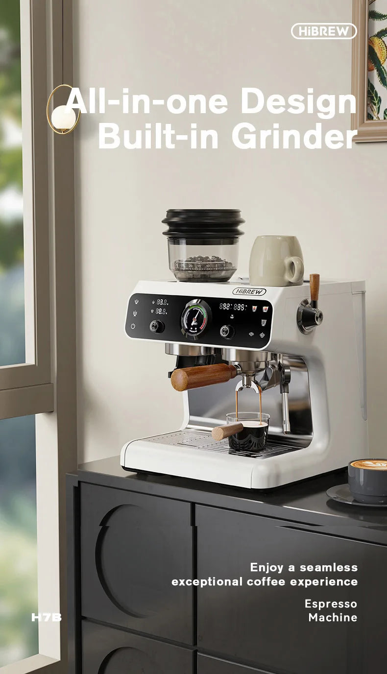 HiBREW H7B white espresso machine with built-in grinder, digital display, pressure gauge, and wooden handle portafilter.