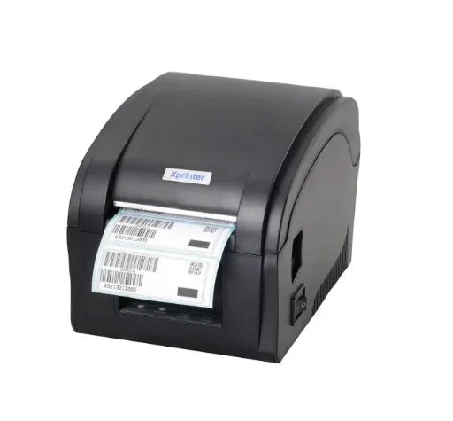 Black thermal label and receipt printer side view with label roll inside