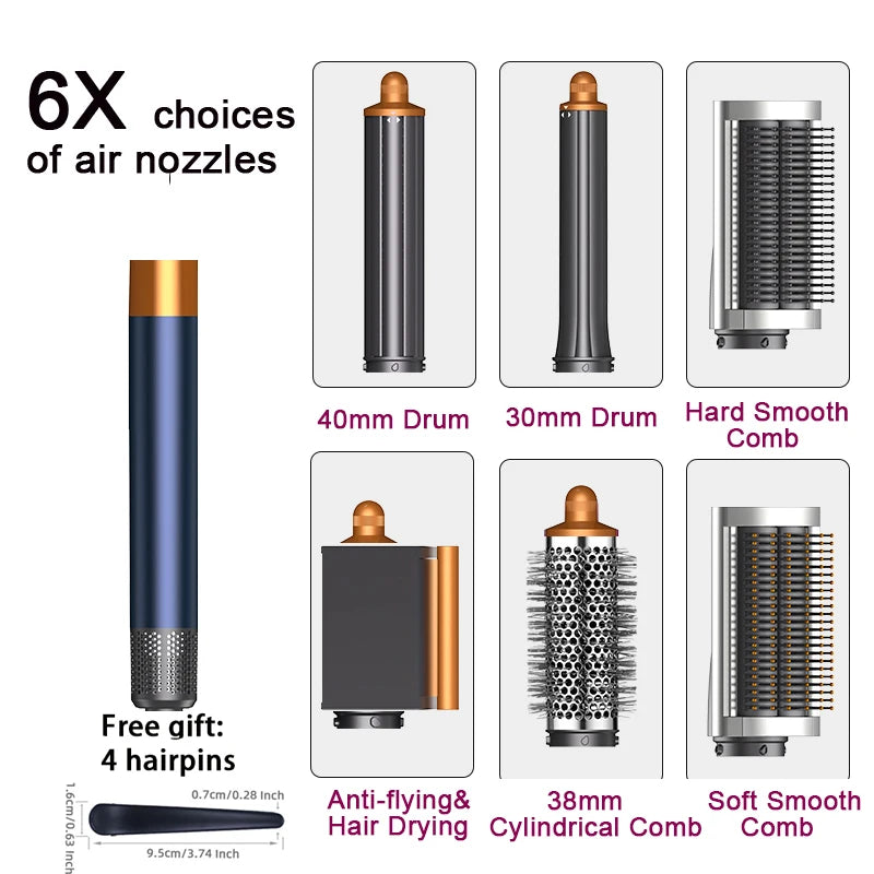 SenCiciMen 6-in-1 multi hair styler set with grey/gold curling barrels, hot air brush, and smoothing comb attachments.