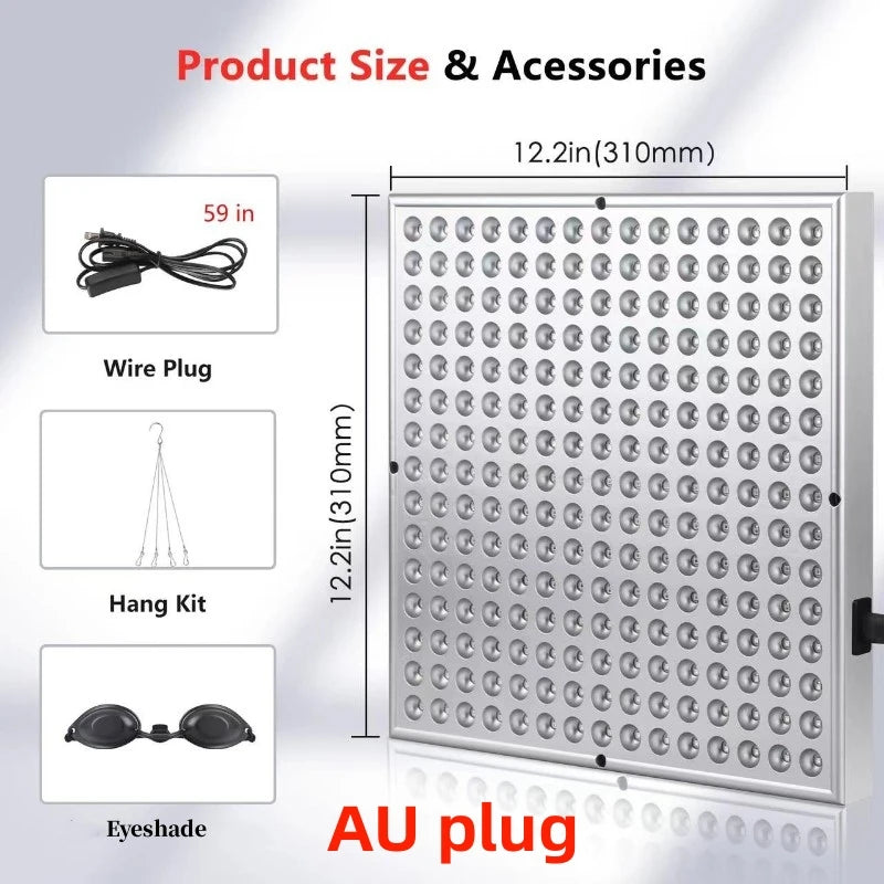 Square LED red light therapy panel (12.2x12.2in) with a power cord, hanging kit, and protective eyeshade.