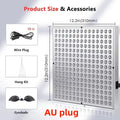 Square LED red light therapy panel (12.2x12.2in) with a power cord, hanging kit, and protective eyeshade.
