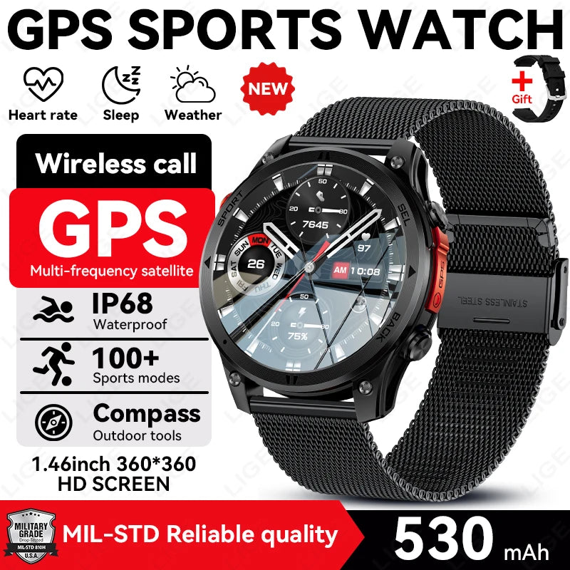 LIGE 2026 New GPS Path Smart Watch 530mAh Battery IP68 Waterproof Sports Run Tracker BT Call Outdoor Compass Military Smartwatch
