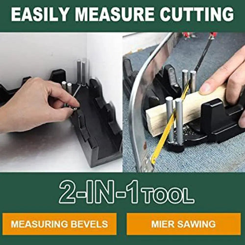 Bevel and miter measuring tool with black base and metal angle rods