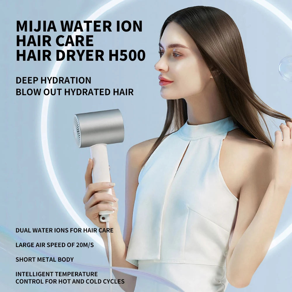 MIJIA H500 water ion hair dryer in silver, featuring a compact metal design for professional, quick-dry hair styling.