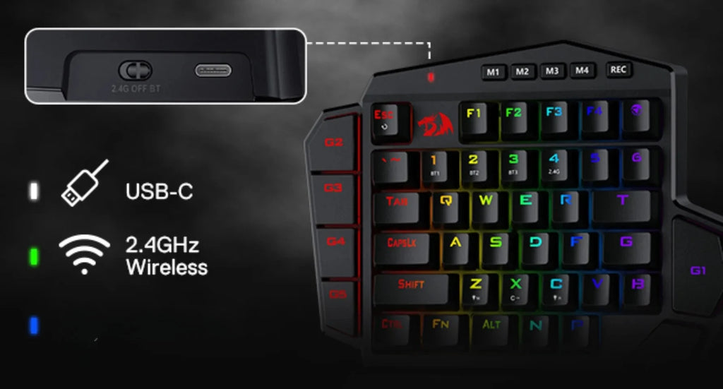 New Redragon K585 PRO Wireless One-Handed Mechanical Keyboard 42 Keys 2-Mode RGB 7 Onboard Macro Keys Detachable Wrist Support