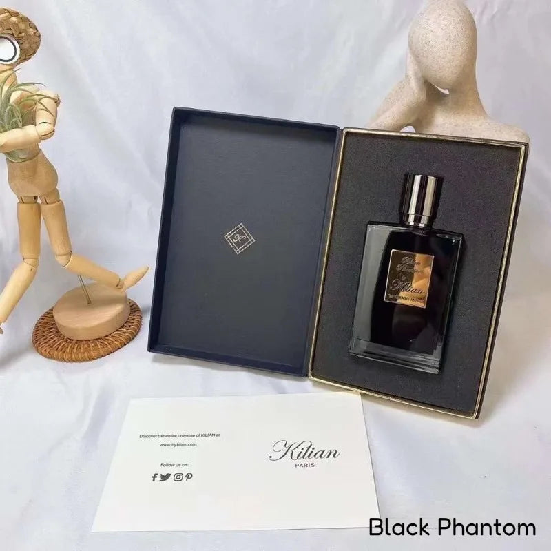 Kilian Black Phantom Unisex EDP: 50ml niche warm spicy woody oriental perfume in a sleek black rectangular glass bottle.