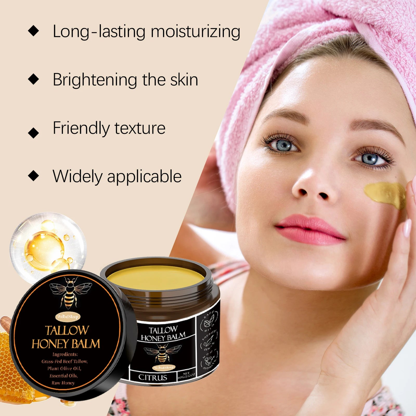 Woodsleep Tallow Honey Balm Lasting Moisturizing Facial Lifting Tighten Skin Elasticity Enhanced Olive Oil Tallow Honey Cream