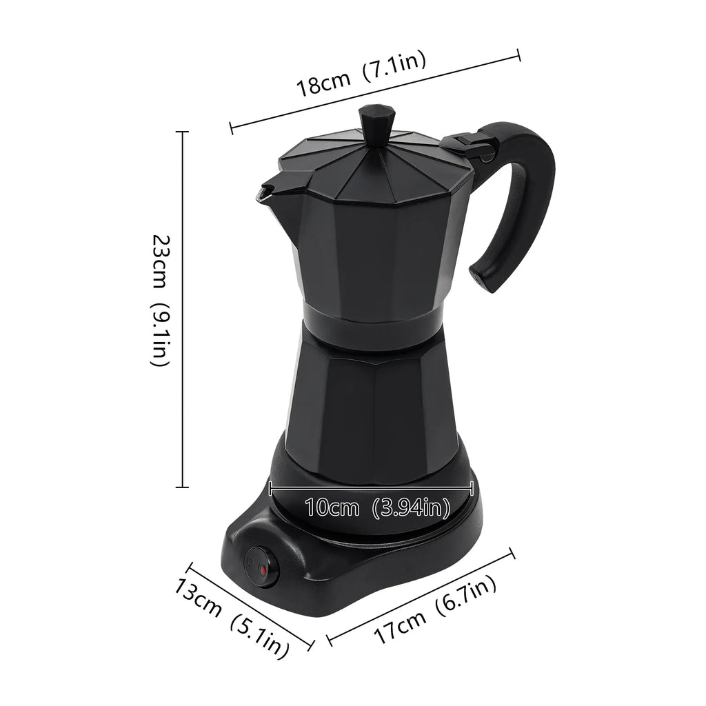 Black electric moka pot coffee maker with dimensions labeled, 23cm height, modern design for home brewing.