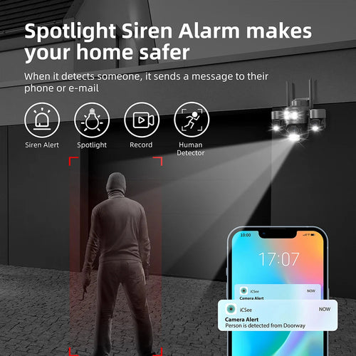Outdoor security camera with motion alerts and spotlight siren status shown on a phone