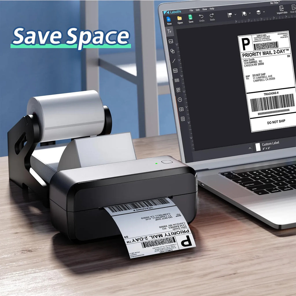Desktop thermal label printer dispensing a shipping label with barcode and tracking