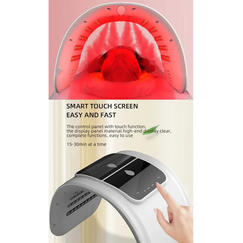 White arched LED light therapy machine with a digital touch screen control panel and red light mist feature.