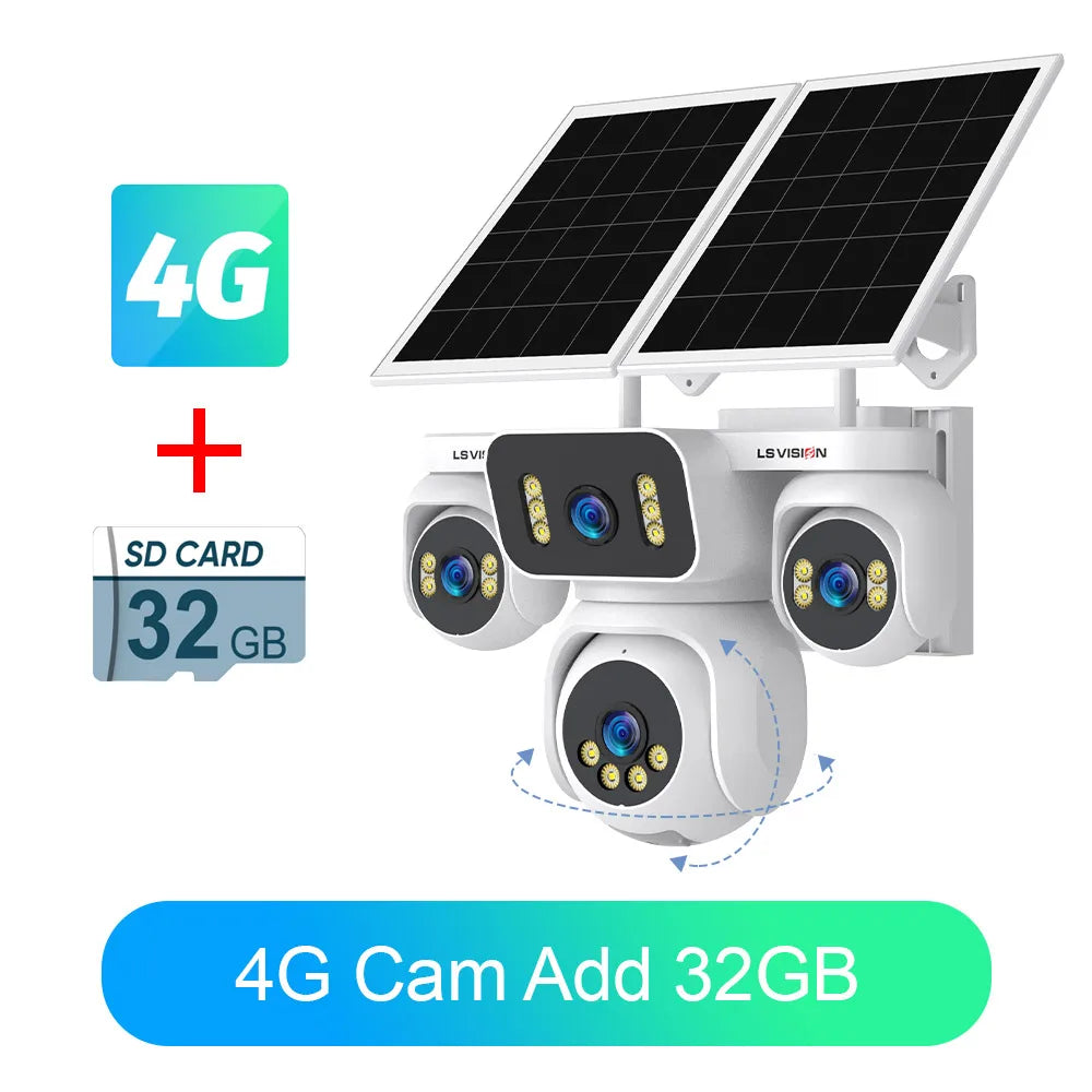 LS VISION 20MP Four Screens Solar Security Camera Outdoor 12X Zoom 4-Lens 4G Sim Ai Tracking Waterproof CCTV 24/7 Recording AOV