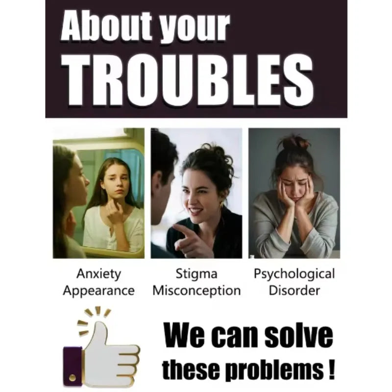 Infographic about anxiety, stigma, and psychological health, featuring a thumbs-up icon for mental wellness solutions.