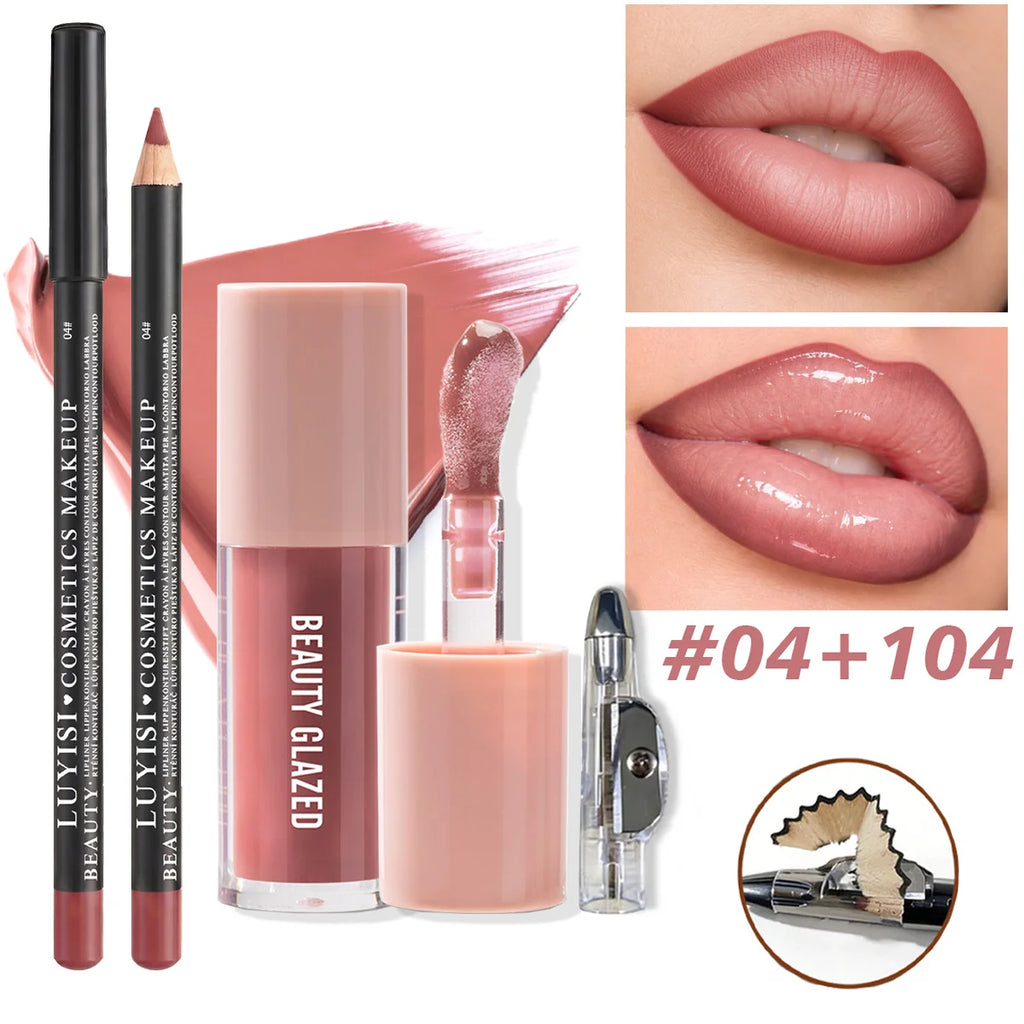 3pc nude lip makeup set: blendable lip liner, moisturizing gloss, and sharpener for a soft matte or glossy finish.