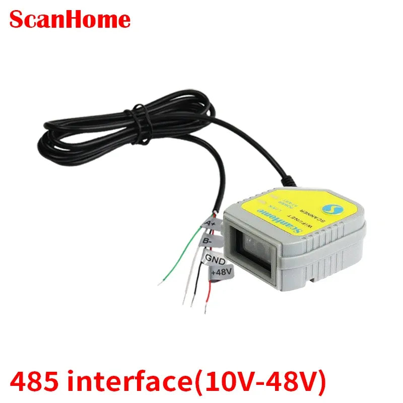 Fixed-mount barcode scanner with 485 interface wiring and compact gray body