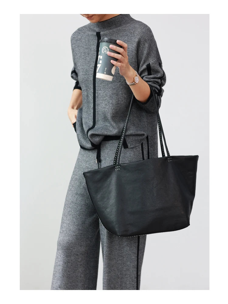 Women Large Capacity Genuine Leather Tote Soft Shoulder Bag