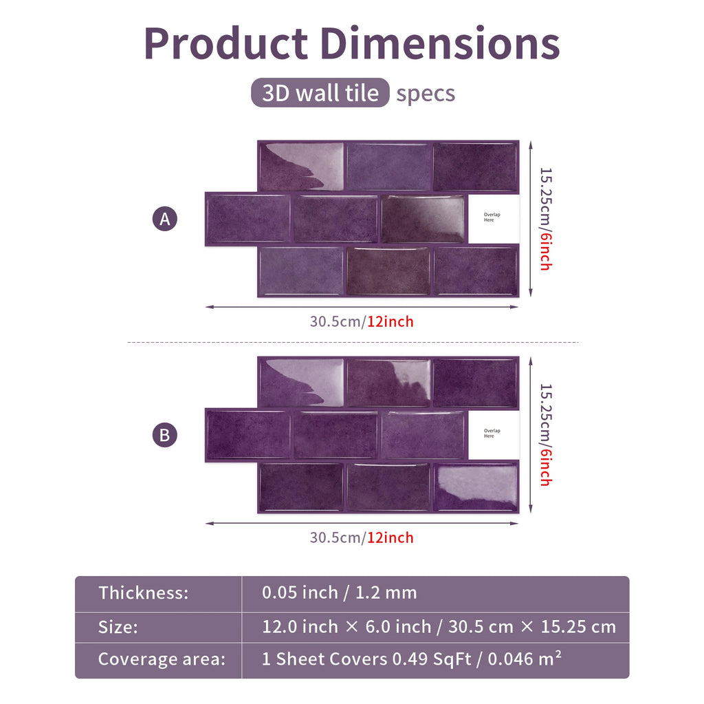 Ceramic tile sticker dimensions diagram showing width, thickness, and coverage area