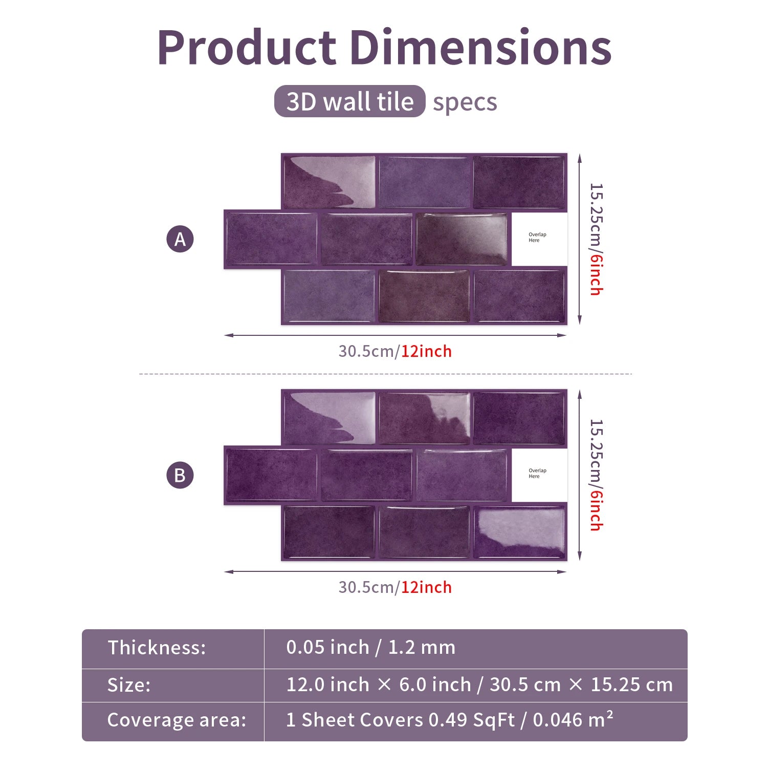 Ceramic tile sticker dimensions diagram showing width, thickness, and coverage area