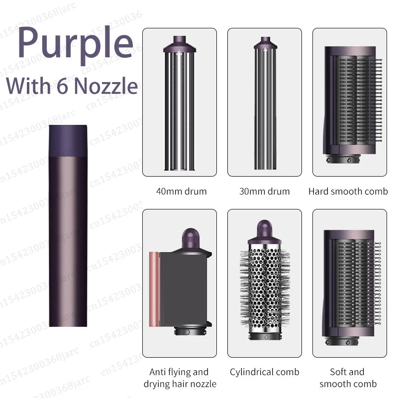 Purple SenCiciMen X9 6-in-1 hair dryer and styler set with curling barrels, round brush, and smoothing nozzle attachments.