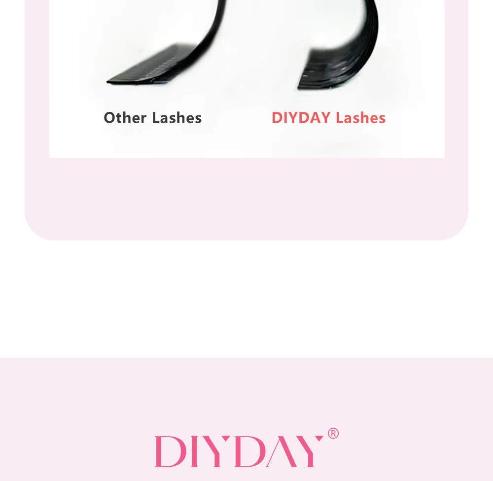 Comparison of black, curved DIYDAY U-shaped YY lashes vs other lashes on a light pink background.