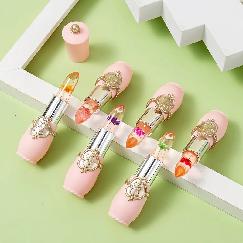 Crystal flower jelly lipsticks with nutritious moisturizer, temperature-changing color, and ornate pink metallic cases.