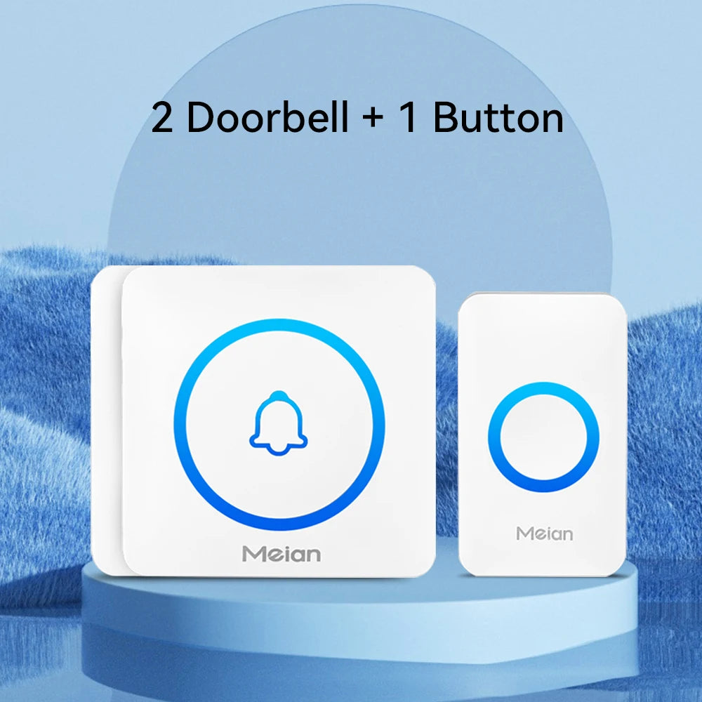 White smart doorbell receiver with one wireless button, blue bell and ring icons
