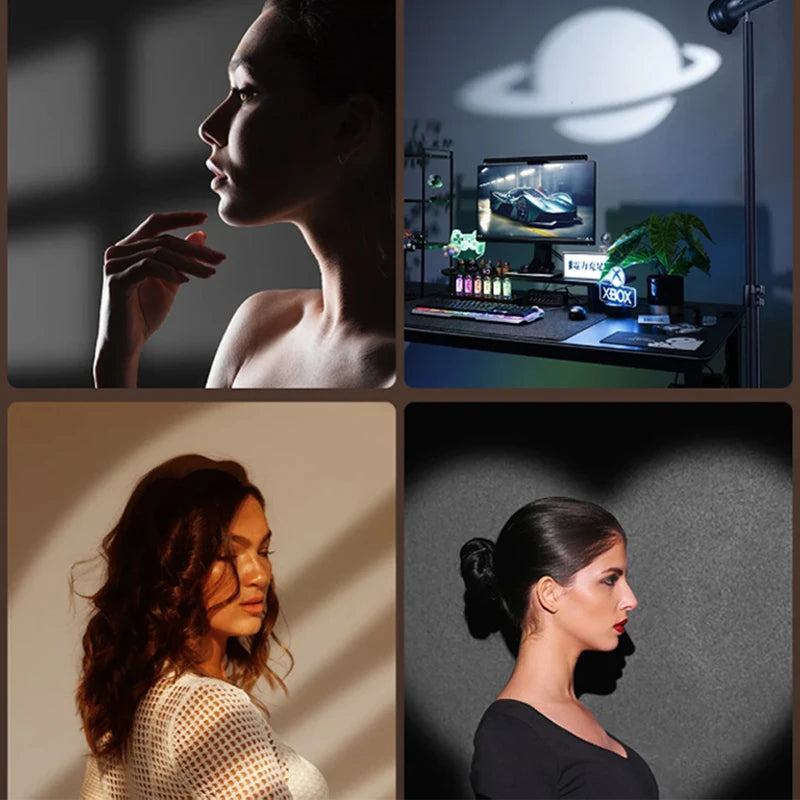 Projection lamp creating patterned light effects on walls and people for photography or ambient room lighting.
