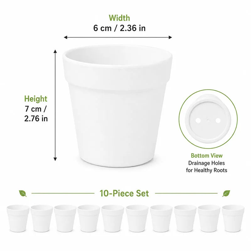 White mini round plastic flower pot with drainage holes and wide top opening for plants.