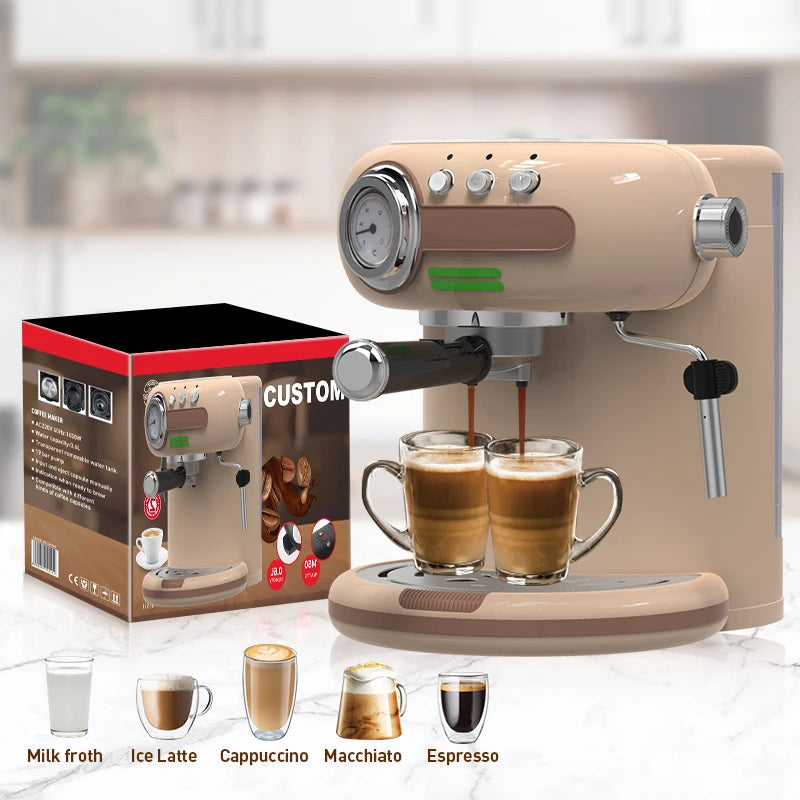 Beige retro espresso coffee machine with pressure gauge, steam wand, and two glass mugs, shown with product packaging.