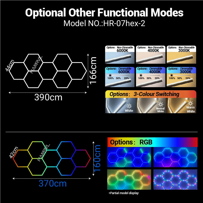 Long-row hexagon honeycomb LED ceiling light panel array with RGB color change modes