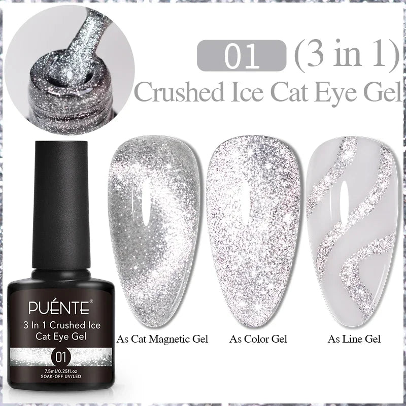 Silver crushed ice cat eye gel nail polish bottle with three sample nail swatches showing magnetic and line designs.