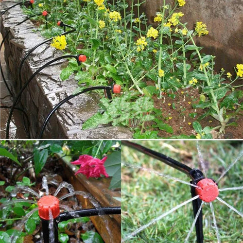 Red 4/7mm drip emitter on black irrigation hose with spray pattern