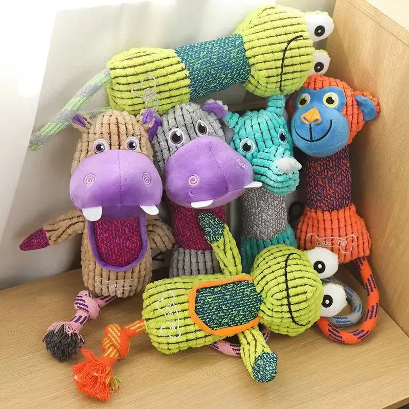 Cute cartoon plush dog toys with durable rope for interactive chewing, dental cleaning, and puppy training.