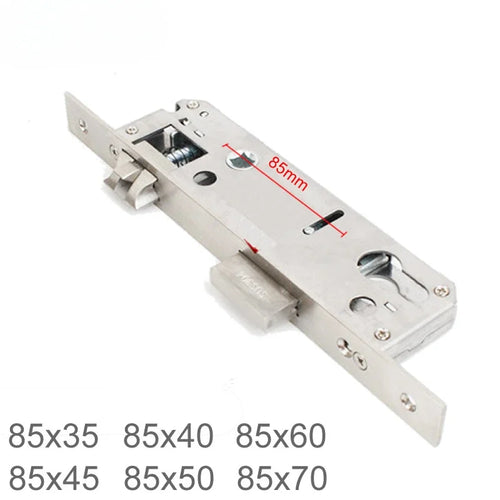 Stainless steel door lock body with latch and mounting plate, 85mm handle lift size