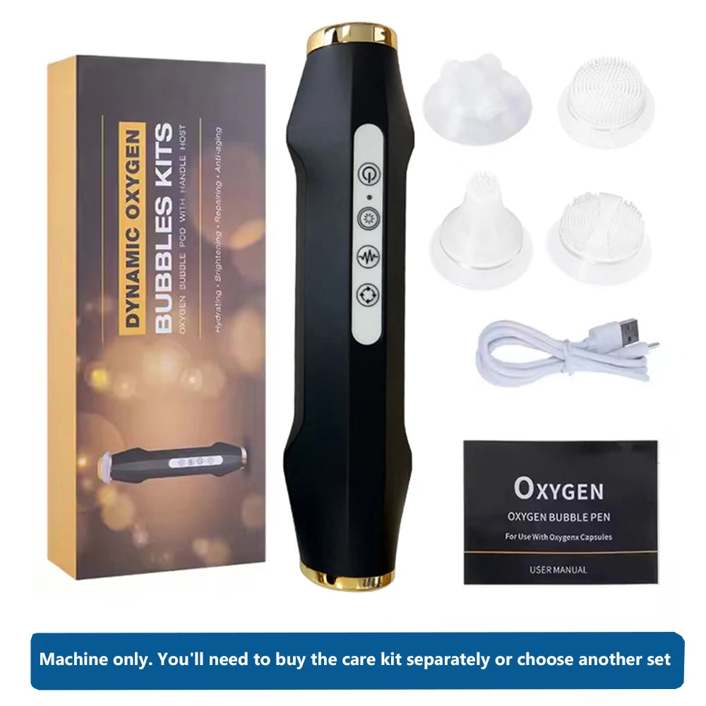 Black oxygen bubble facial rejuvenation device with interchangeable massage heads, charging cable, and user manual.