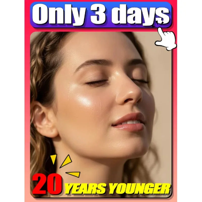 Young woman with dewy, hydrated skin. Promotional text reads "Only 3 days" and "20 years younger."