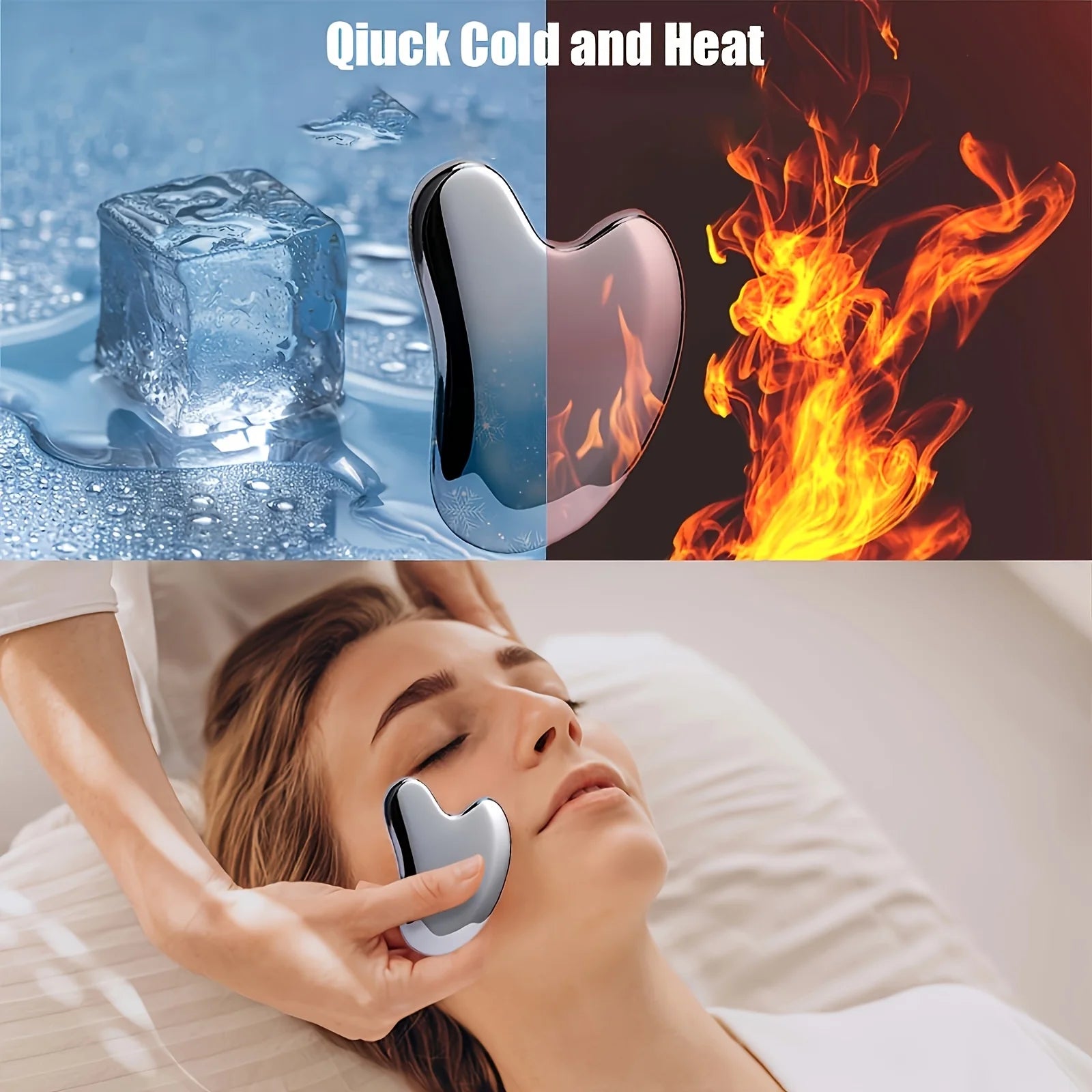 A silver, dolphin-shaped stainless steel Gua Sha tool being used to massage a woman’s face, illustrating hot/cold use.