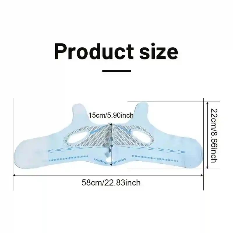Light blue V-line face lifting mask showing dimensions 58cm by 22cm, with ear cutouts and adjustable side straps.