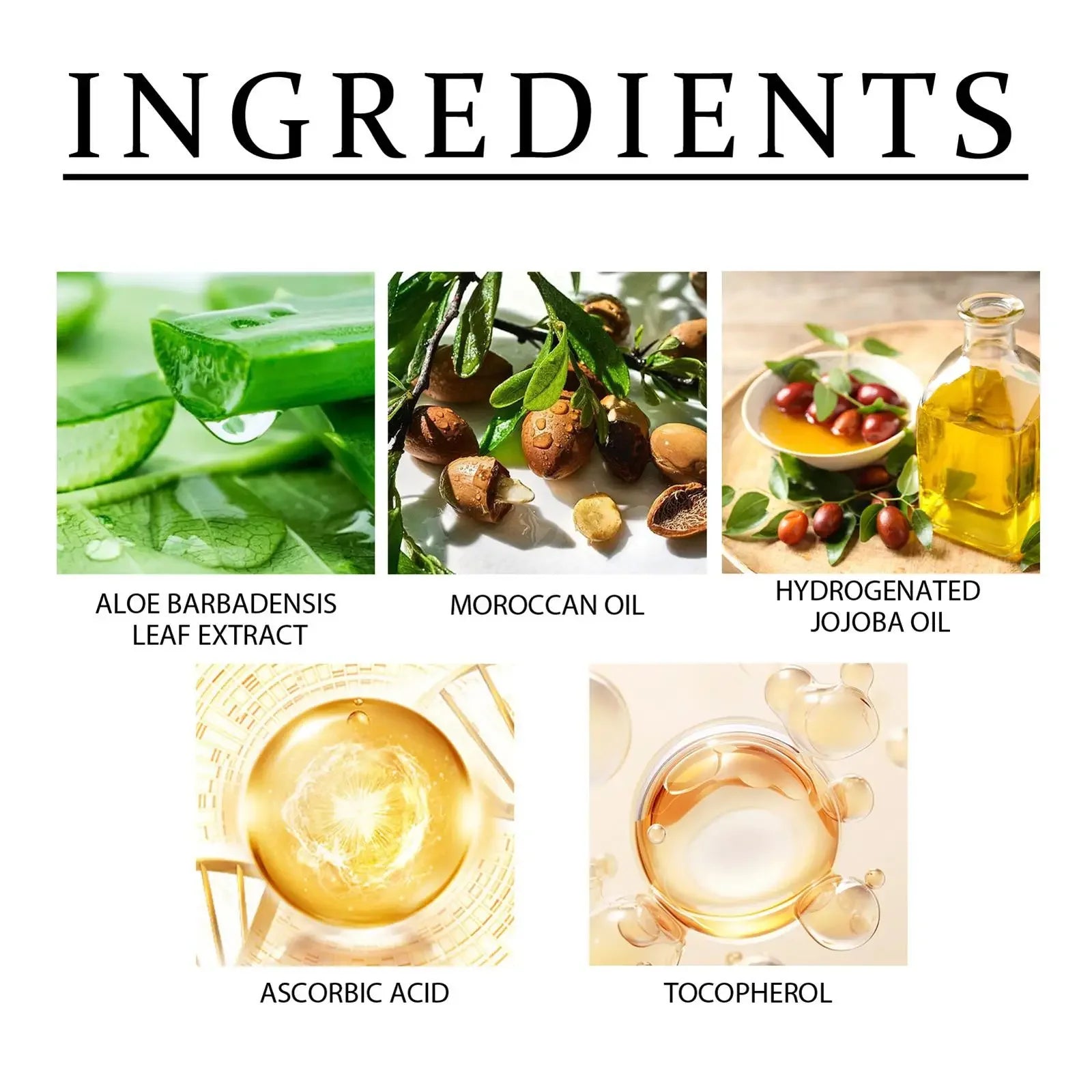 Tidesmit hair growth serum ingredients: aloe, Moroccan oil, jojoba, Vitamin C, and E for fast anti-hair loss repair.