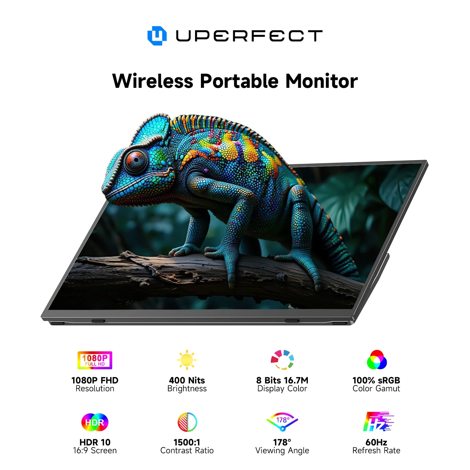 UPERFECT Wireless Portable Monitor Battery-Powered 8000mAh Support AirPlay Miracast 15.6" 1080P IPS USB-C HDMI External Display