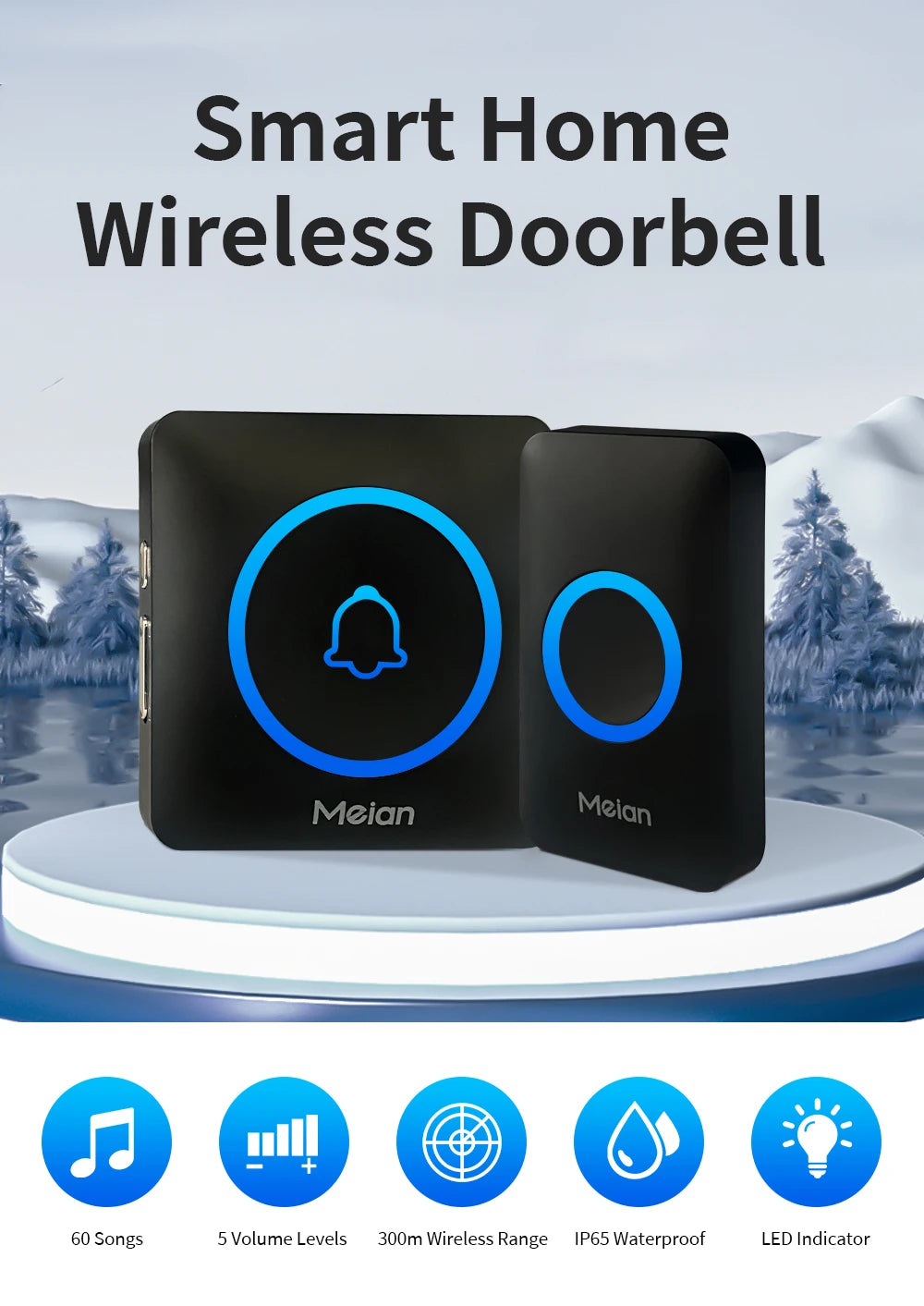 Meian IP65 Waterproof Wireless Doorbell Smart Home Outdoor Door Bell 60 Ringtone 5 Volume Adjustable LED Flash Smart Door Bell
