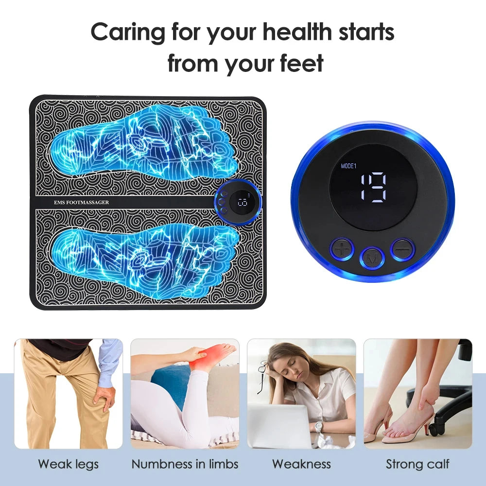 Black rechargeable EMS electric foot massage mat with digital controller for relief of sore feet and leg circulation.